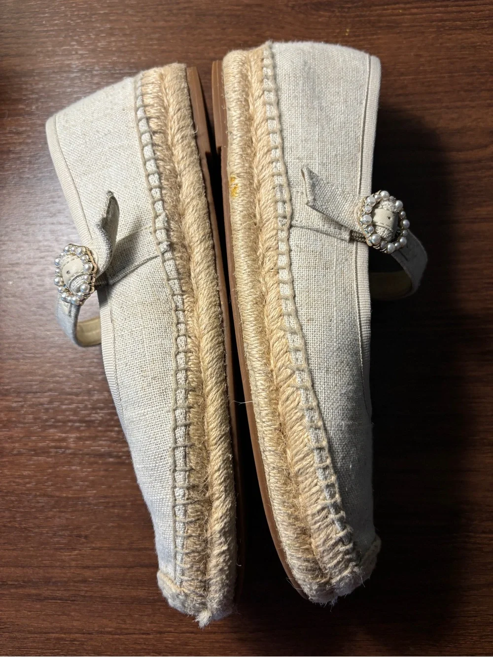 J. Crew Linen Espadrille Mary Jane Flats Jeweled Buckle Beige 7.5
